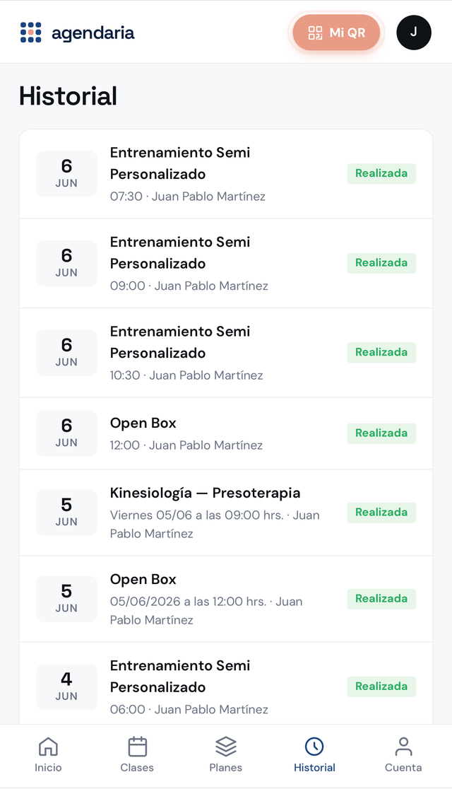 App Agendaria — Historial de clases